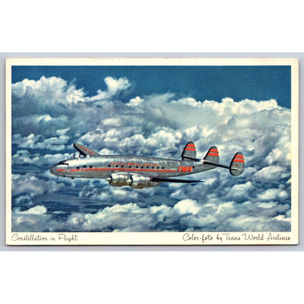 Vintage TWA Trans World Airlines Lockheen Constellation Airplane Postcard 1951